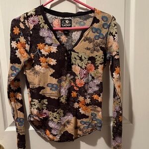 Lucky Brand Floral V-Neck Blouse - Black and Orange